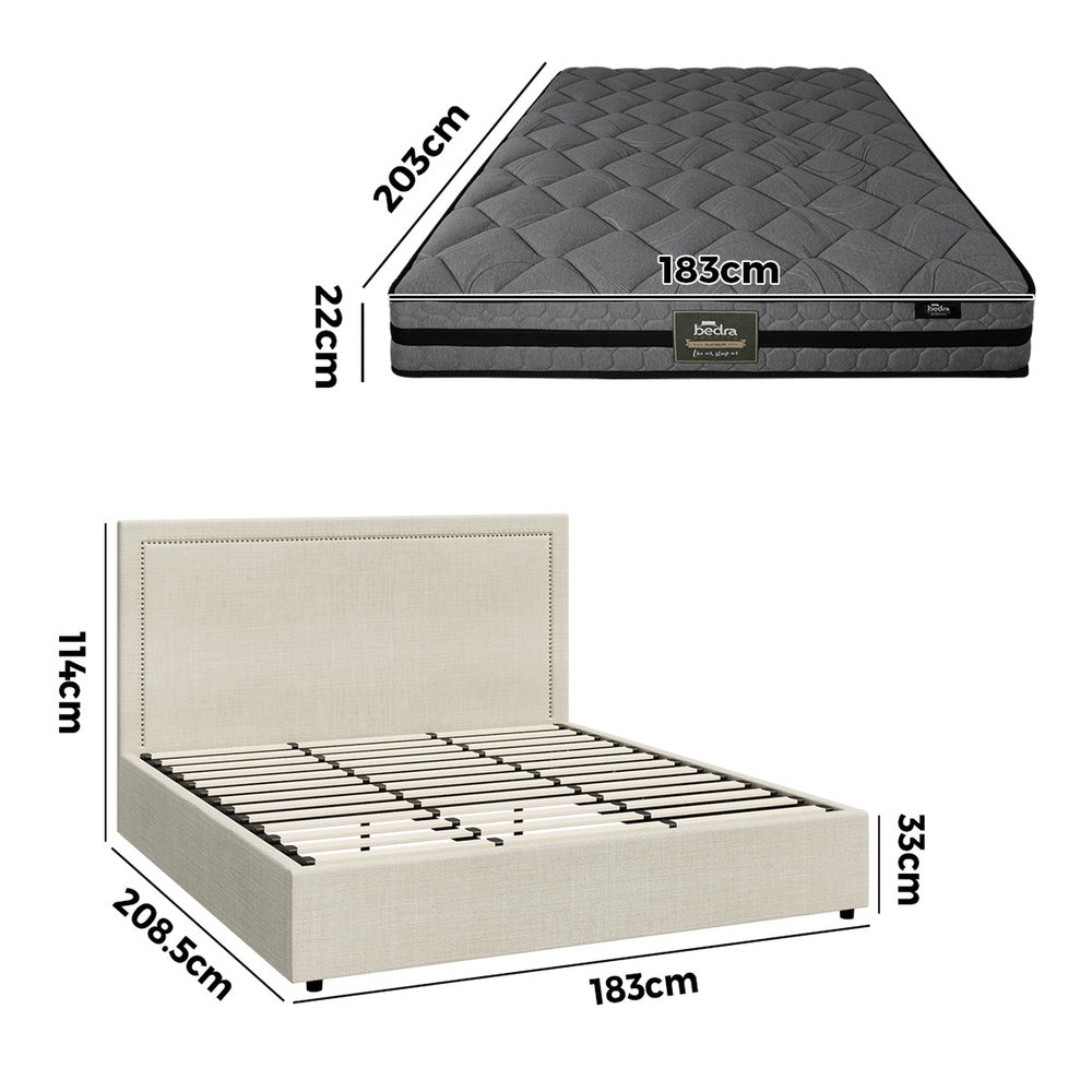 King Bed Frame With Mattress Set Featuring Gas Lift Storage Base For Bedroom Use