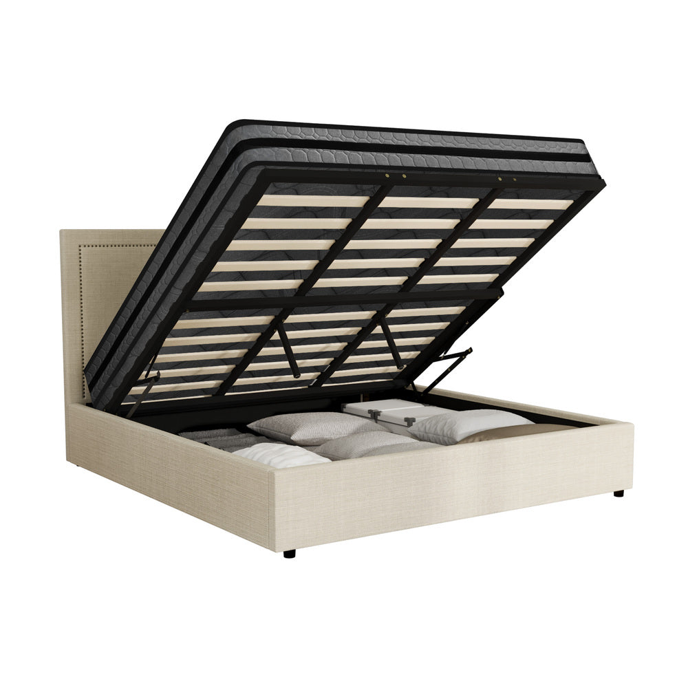 King Bed Frame With Mattress Set Featuring Gas Lift Storage Base For Bedroom Use