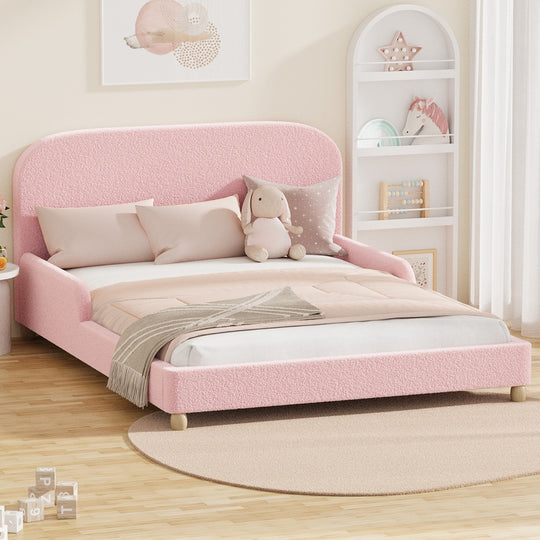 Kids Bed Frame Double Size With Side Rail Boucle Upholstered