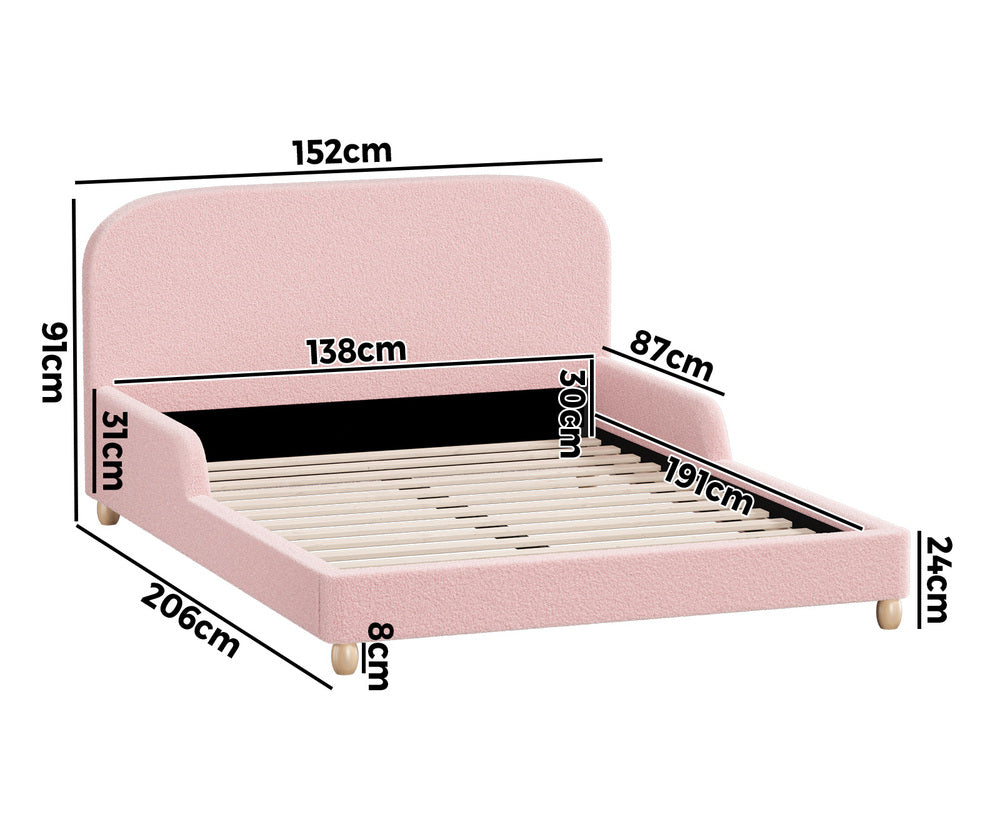 Kids Bed Frame Double Size With Side Rails Boucle Upholstered Pink/White Bedroom Furniture