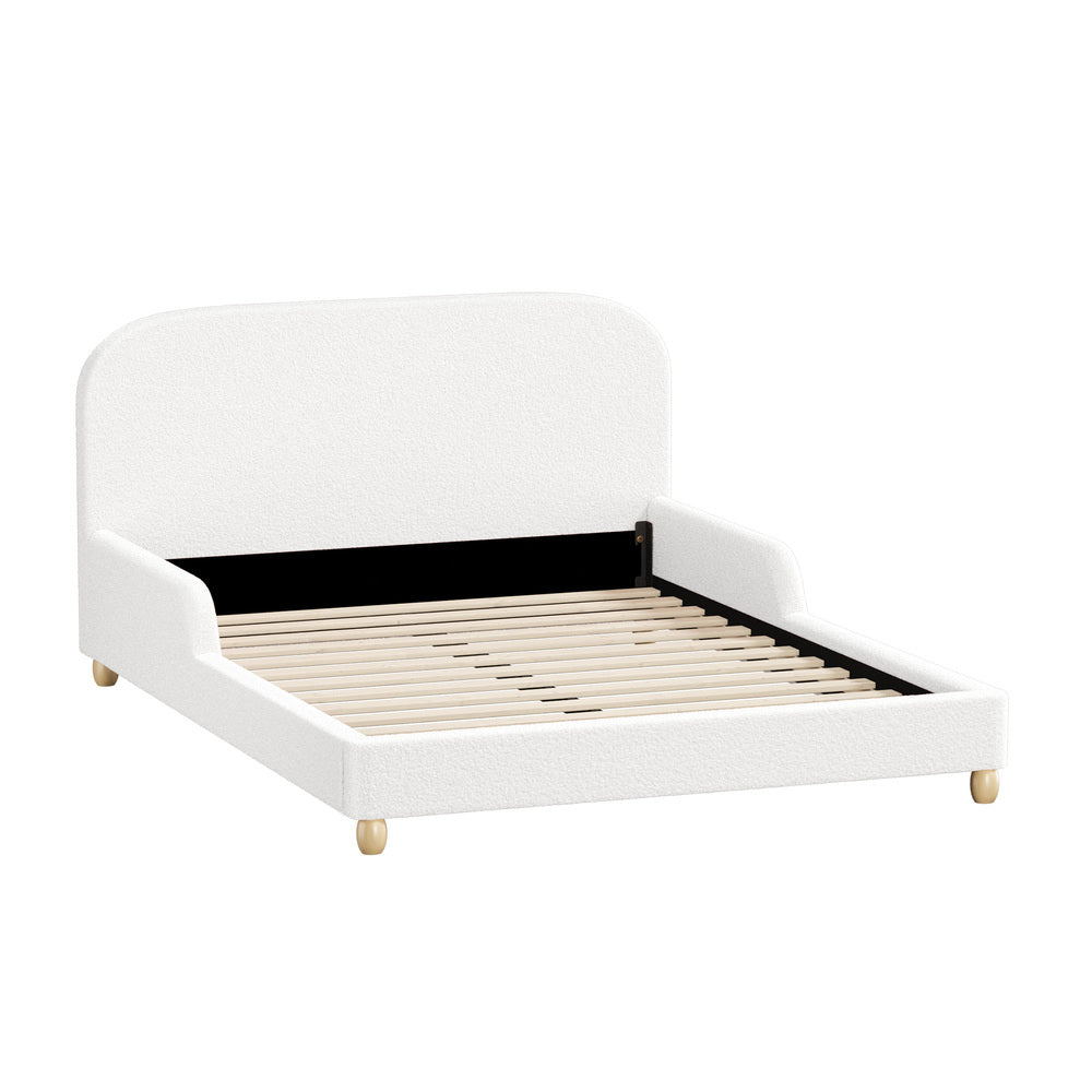 Kids Bed Frame Double Size With Side Rails Boucle Upholstered Pink/White Bedroom Furniture