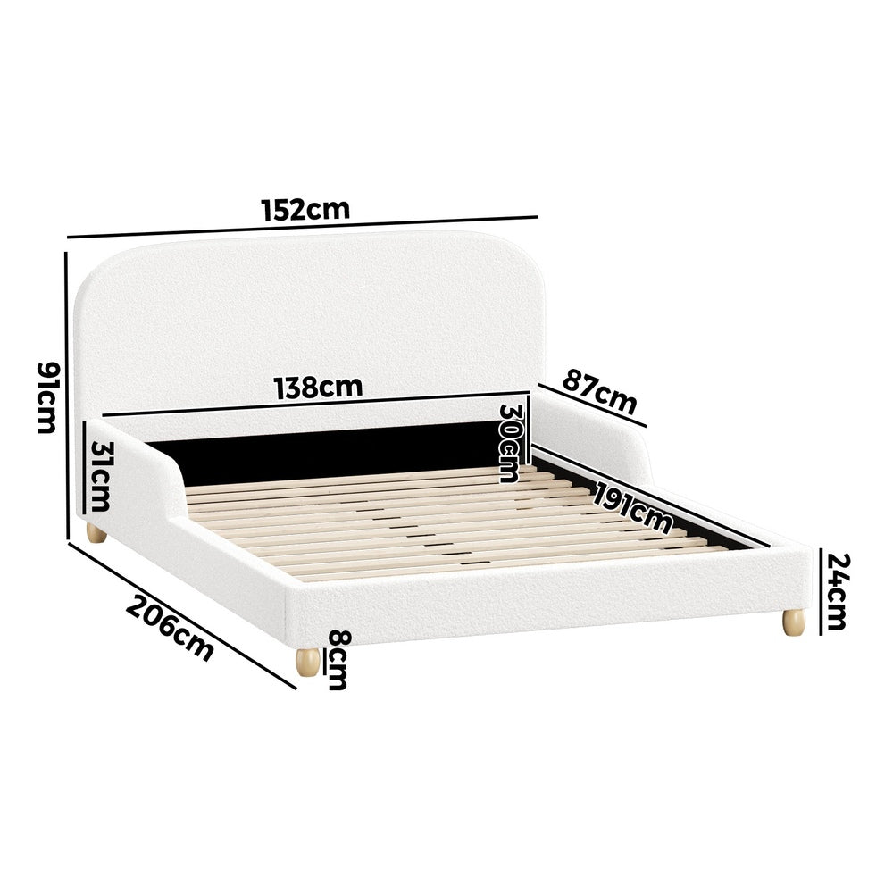 Kids Bed Frame Double Size With Side Rails Boucle Upholstered Pink/White Bedroom Furniture