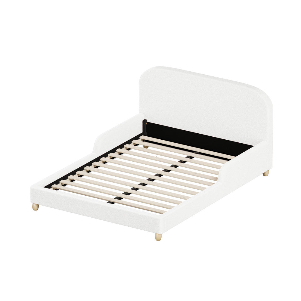 Kids Bed Frame Double Size With Side Rails Boucle Upholstered Pink/White Bedroom Furniture