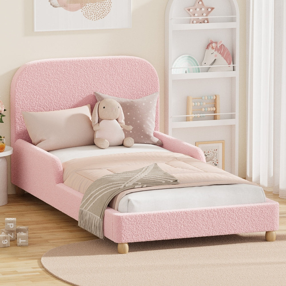 Kids Bed Frame Single Size With Side Rails Boucle Upholstered White/Pink Bedroom Furniture