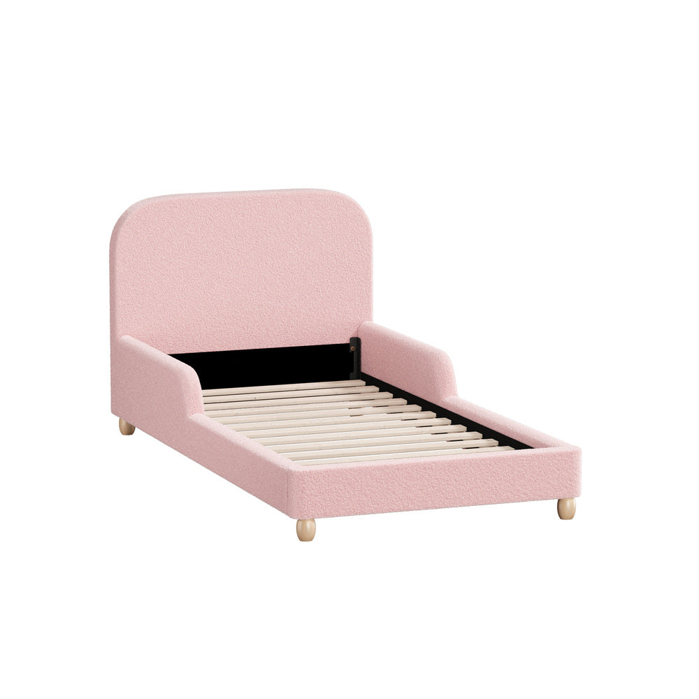 Kids Bed Frame Single Size With Side Rails Boucle Upholstered White/Pink Bedroom Furniture