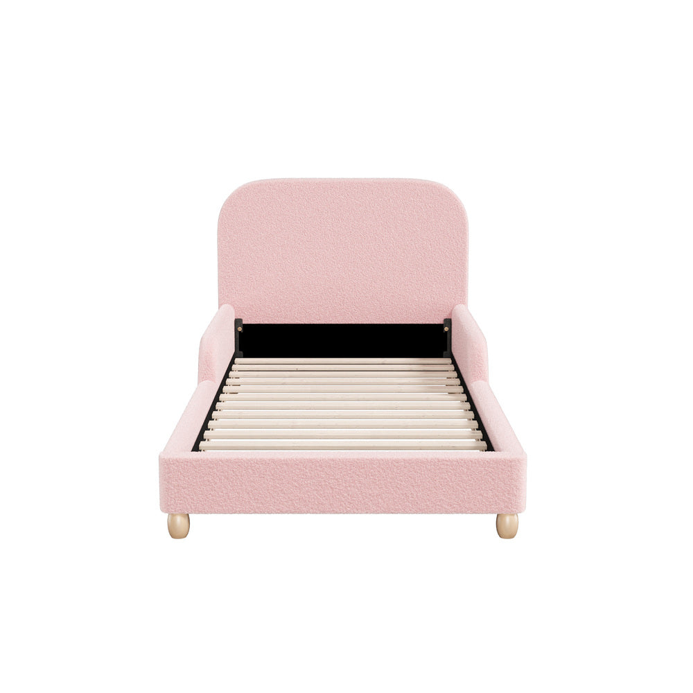 Kids Bed Frame Single Size With Side Rails Boucle Upholstered White/Pink Bedroom Furniture