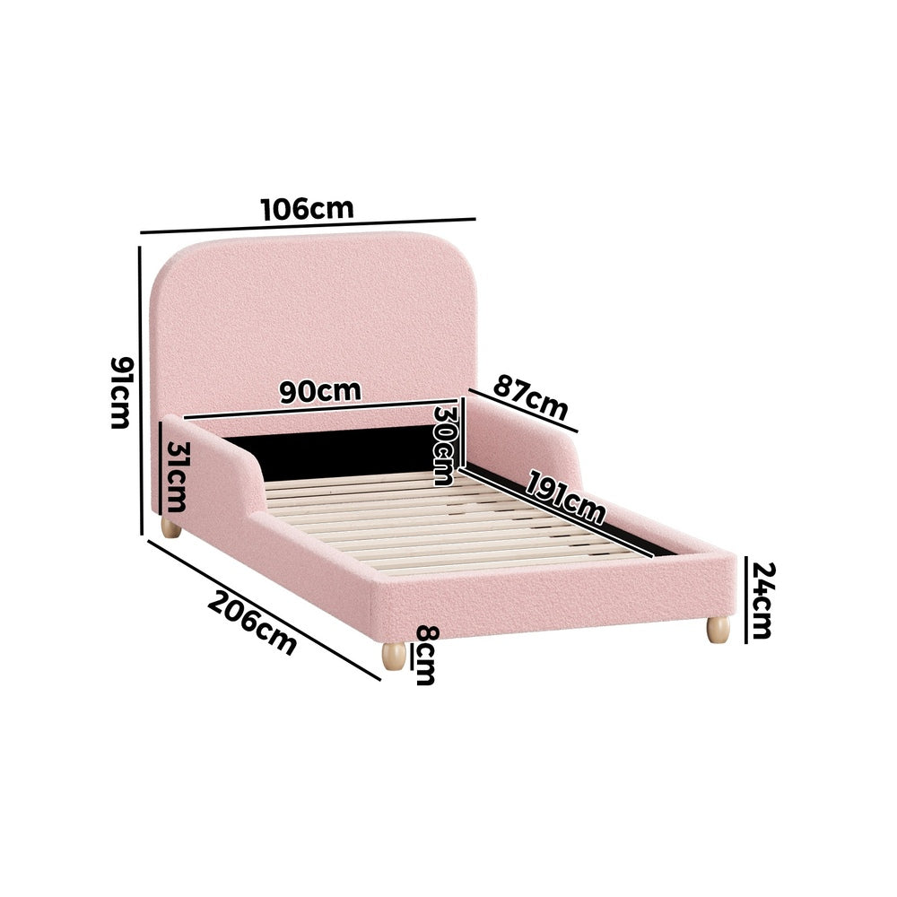 Kids Bed Frame Single Size With Side Rails Boucle Upholstered White/Pink Bedroom Furniture