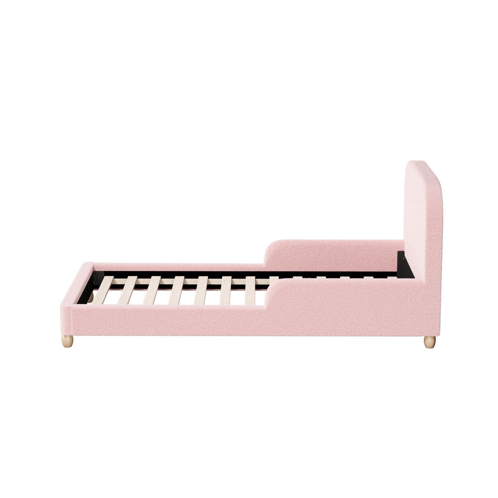 Kids Bed Frame Single Size With Side Rails Boucle Upholstered White/Pink Bedroom Furniture