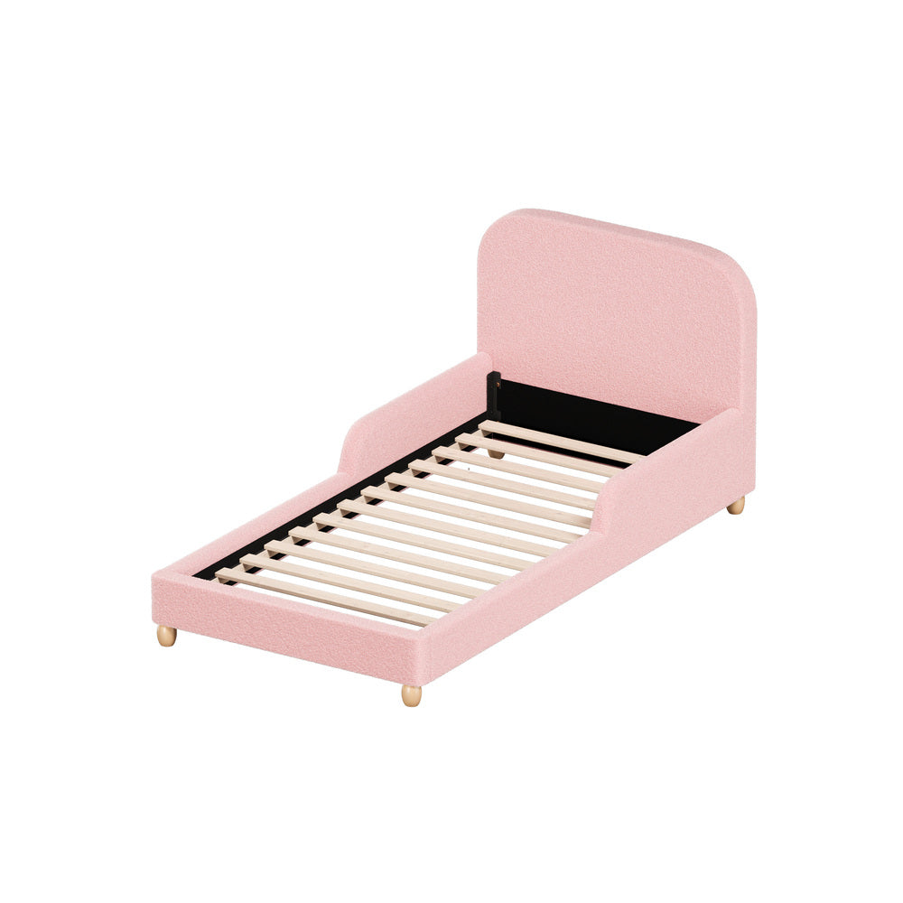 Kids Bed Frame Single Size With Side Rails Boucle Upholstered White/Pink Bedroom Furniture