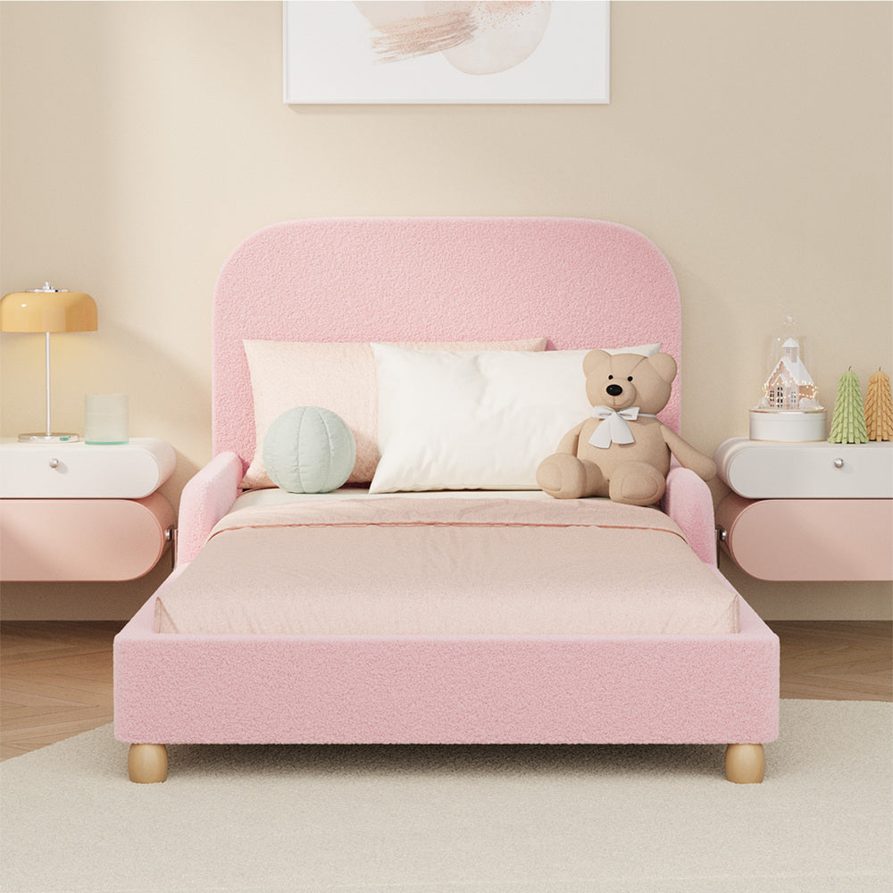 Kids Bed Frame Single Size With Side Rails Boucle Upholstered White/Pink Bedroom Furniture