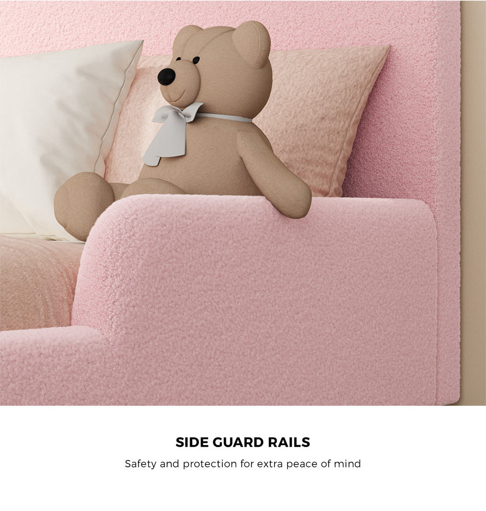 Kids Bed Frame Single Size With Side Rails Boucle Upholstered White/Pink Bedroom Furniture