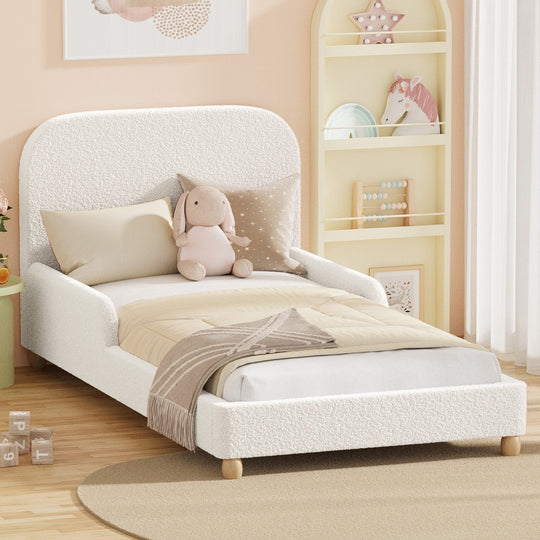 Kids Bed Frame Single Size With Side Rail Boucle Upholstered