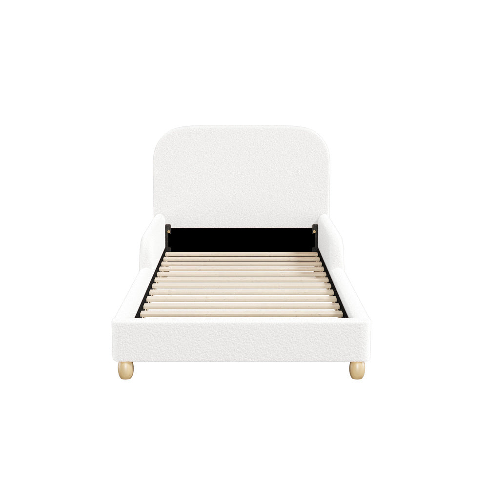 Kids Bed Frame Single Size With Side Rails Boucle Upholstered White/Pink Bedroom Furniture