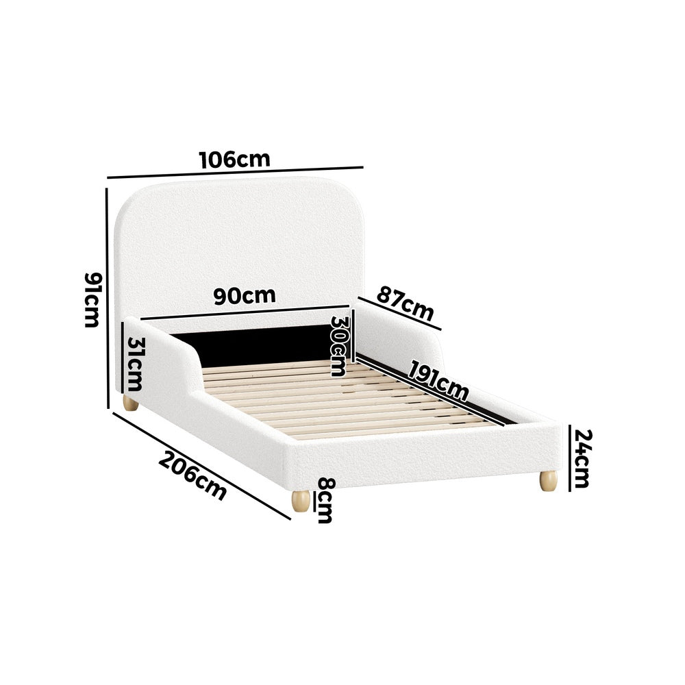 Kids Bed Frame Single Size With Side Rails Boucle Upholstered White/Pink Bedroom Furniture
