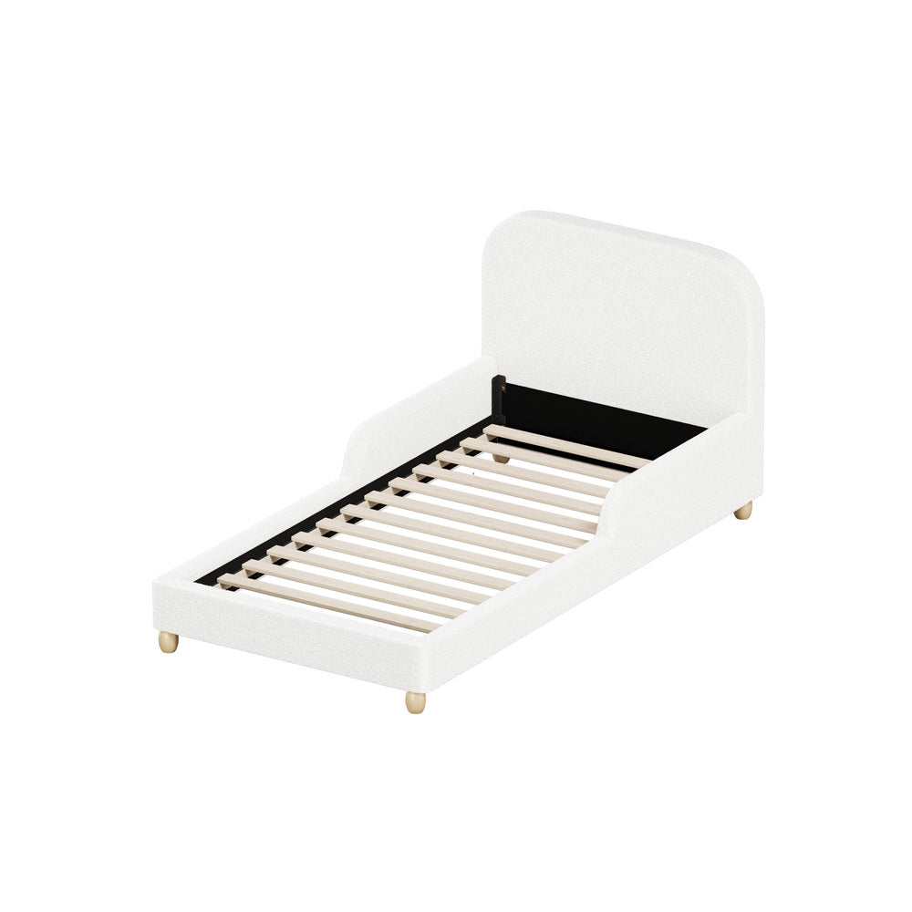 Kids Bed Frame Single Size With Side Rails Boucle Upholstered White/Pink Bedroom Furniture