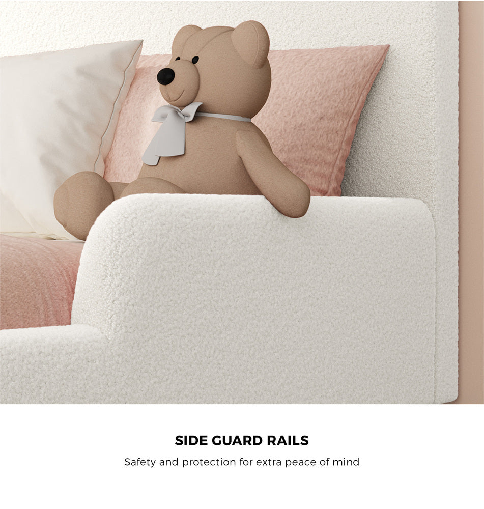 Kids Bed Frame Single Size With Side Rails Boucle Upholstered White/Pink Bedroom Furniture