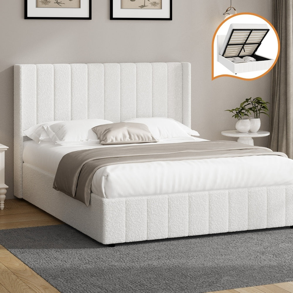Bed Frame King Single Double Queen Gas Lift Base Boucle Fabric White