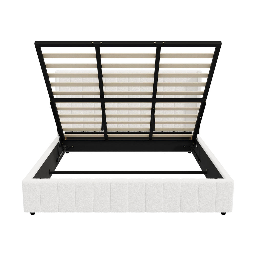 Bed Frame King Single Double Queen Gas Lift Base Boucle Fabric White