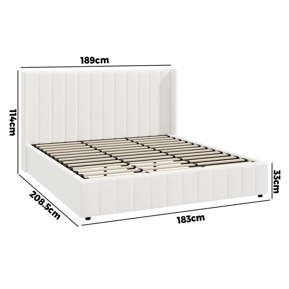 Bed Frame King Single Double Queen Gas Lift Base Boucle Fabric White