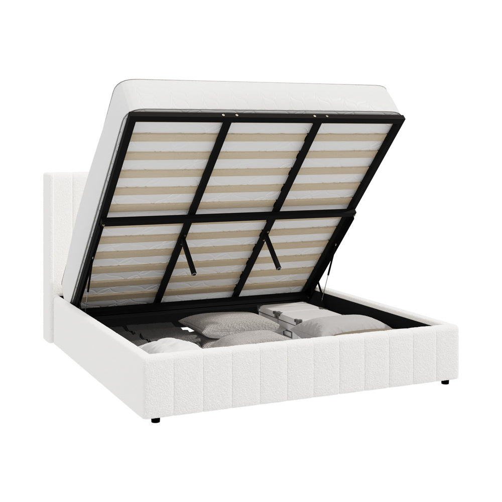 Bed Frame King Single Double Queen Gas Lift Base Boucle Fabric White