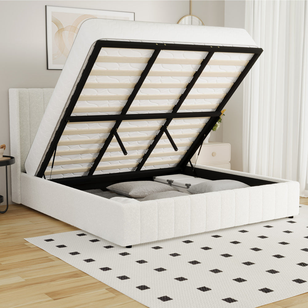 Fiona Bed Frame Boucle Fabric- White King/King Single/Queen/Double
