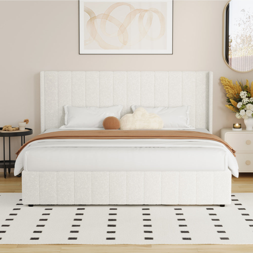 Bed Frame King Single Double Queen Gas Lift Base Boucle Fabric White