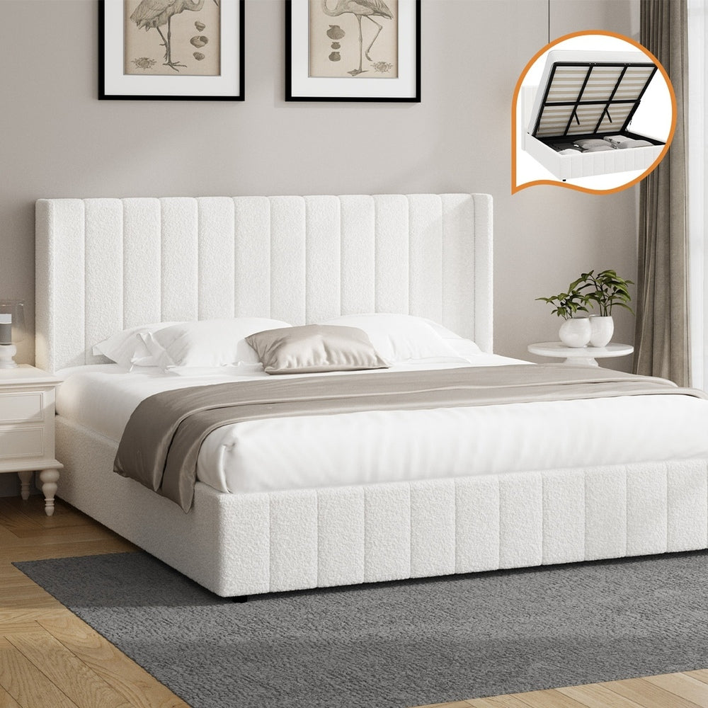 Bed Frame King Single Double Queen Gas Lift Base Boucle Fabric White