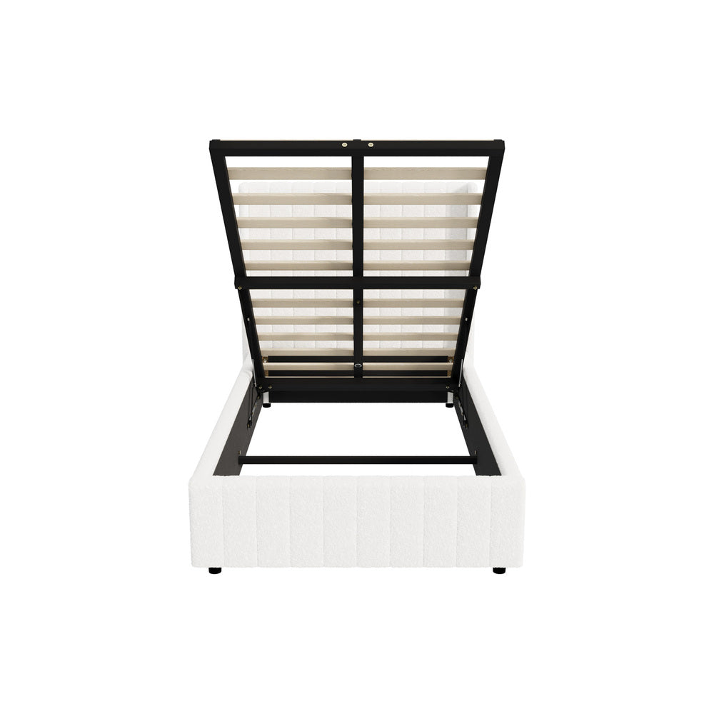 Bed Frame King Single Double Queen Gas Lift Base Boucle Fabric White