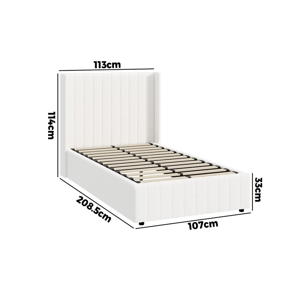Bed Frame King Single Double Queen Gas Lift Base Boucle Fabric White