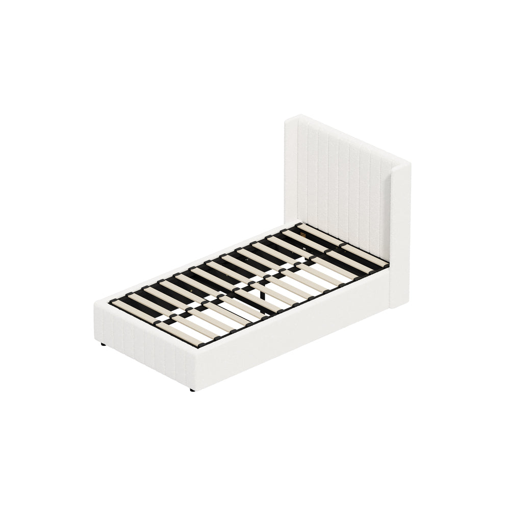 Bed Frame King Single Double Queen Gas Lift Base Boucle Fabric White