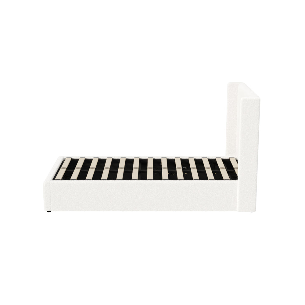 Bed Frame King Single Double Queen Gas Lift Base Boucle Fabric White