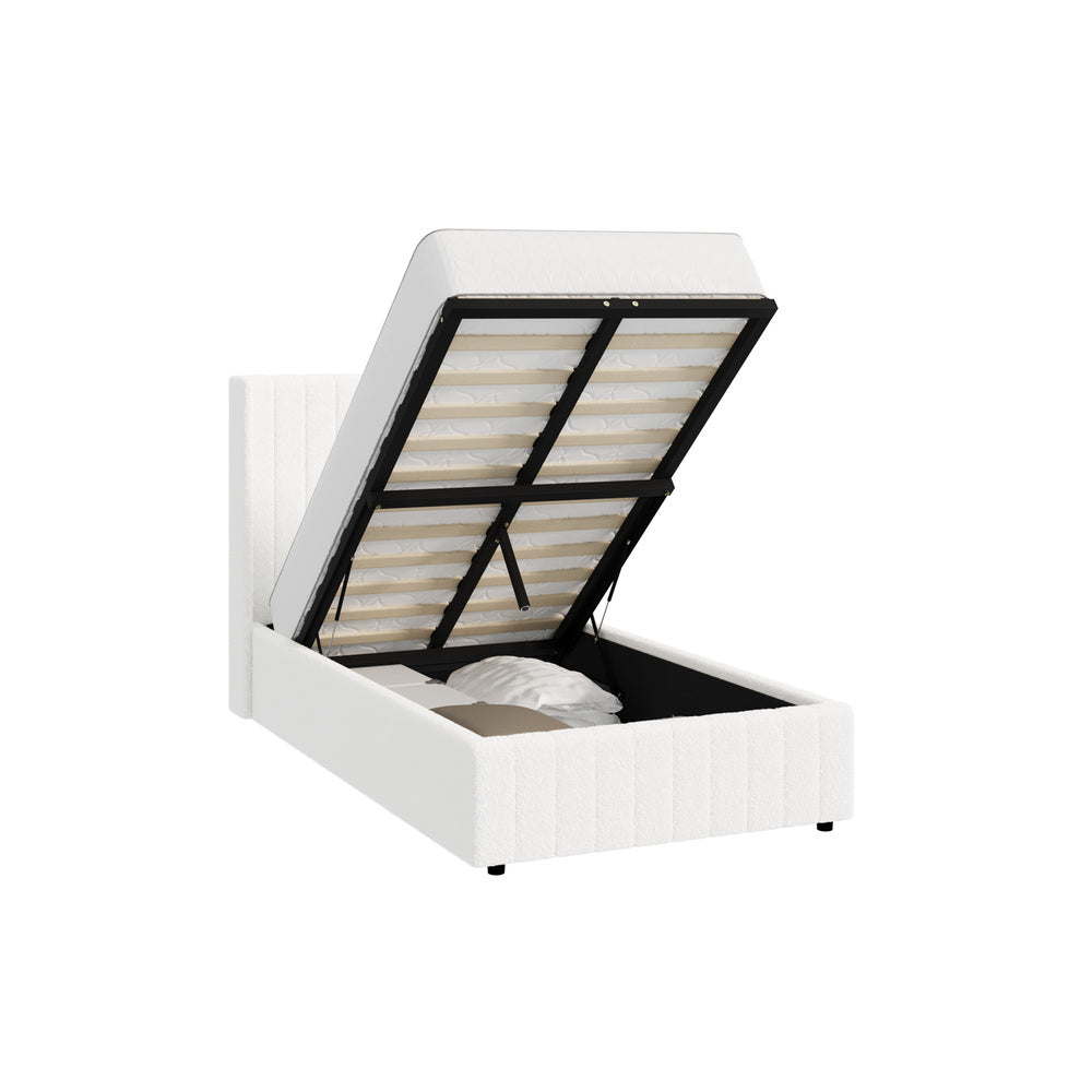 Bed Frame King Single Double Queen Gas Lift Base Boucle Fabric White