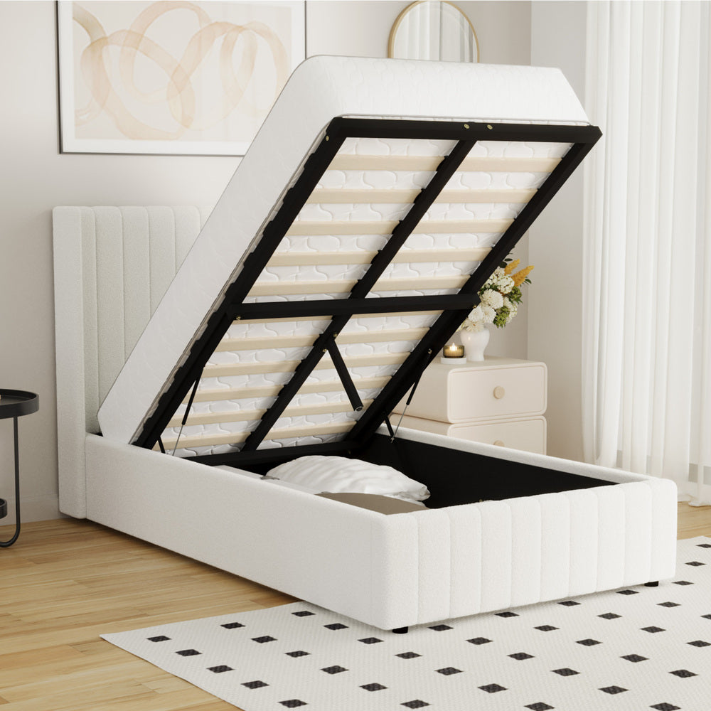 Bed Frame King Single Double Queen Gas Lift Base Boucle Fabric White