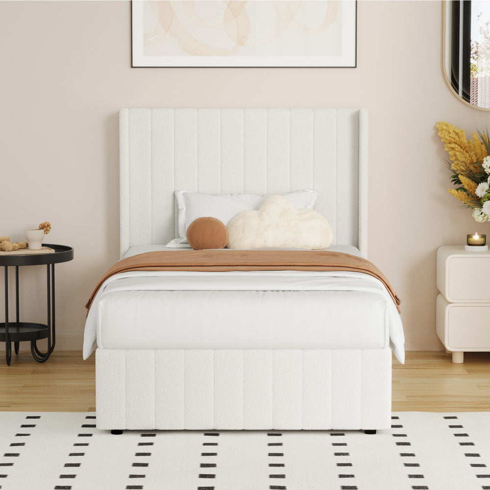 Bed Frame King Single Double Queen Gas Lift Base Boucle Fabric White
