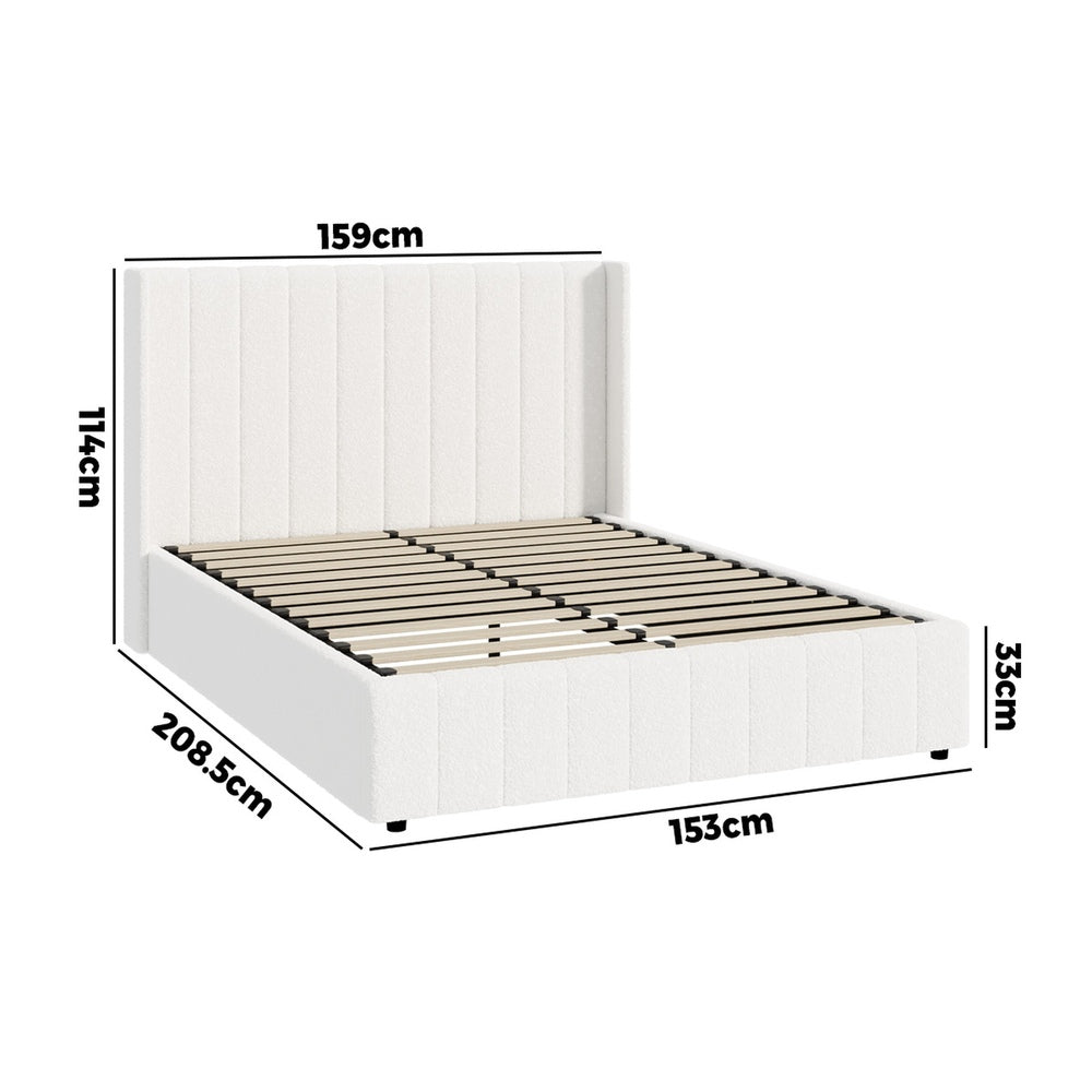 Bed Frame King Single Double Queen Gas Lift Base Boucle Fabric White