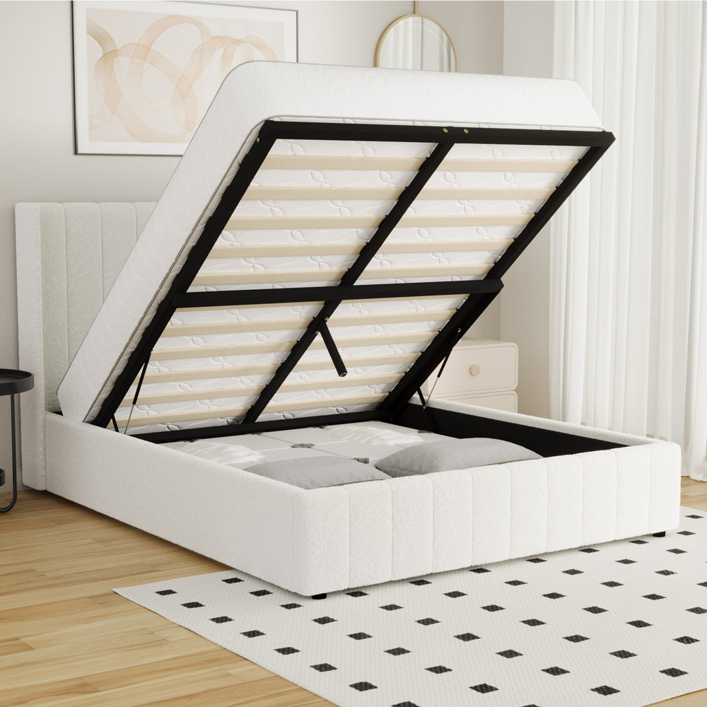 Bed Frame King Single Double Queen Gas Lift Base Boucle Fabric White