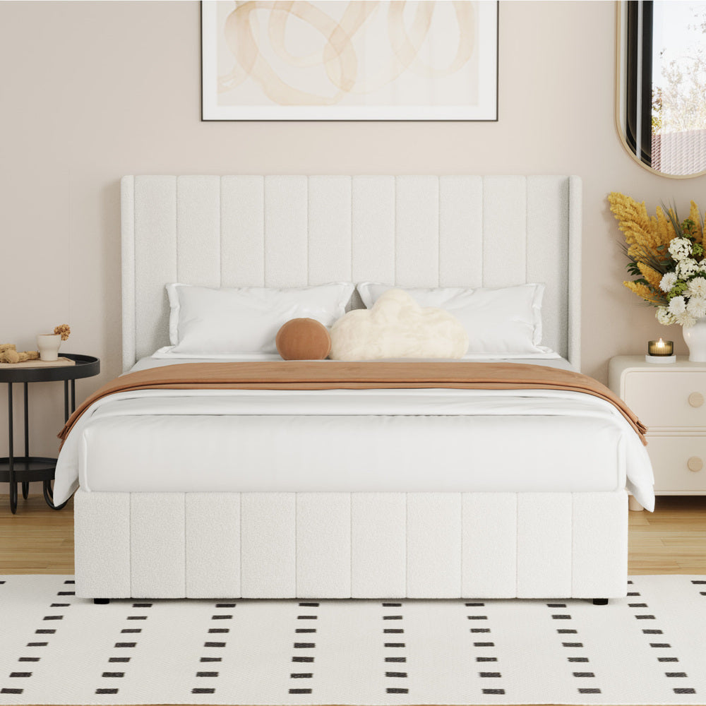 Bed Frame King Single Double Queen Gas Lift Base Boucle Fabric White
