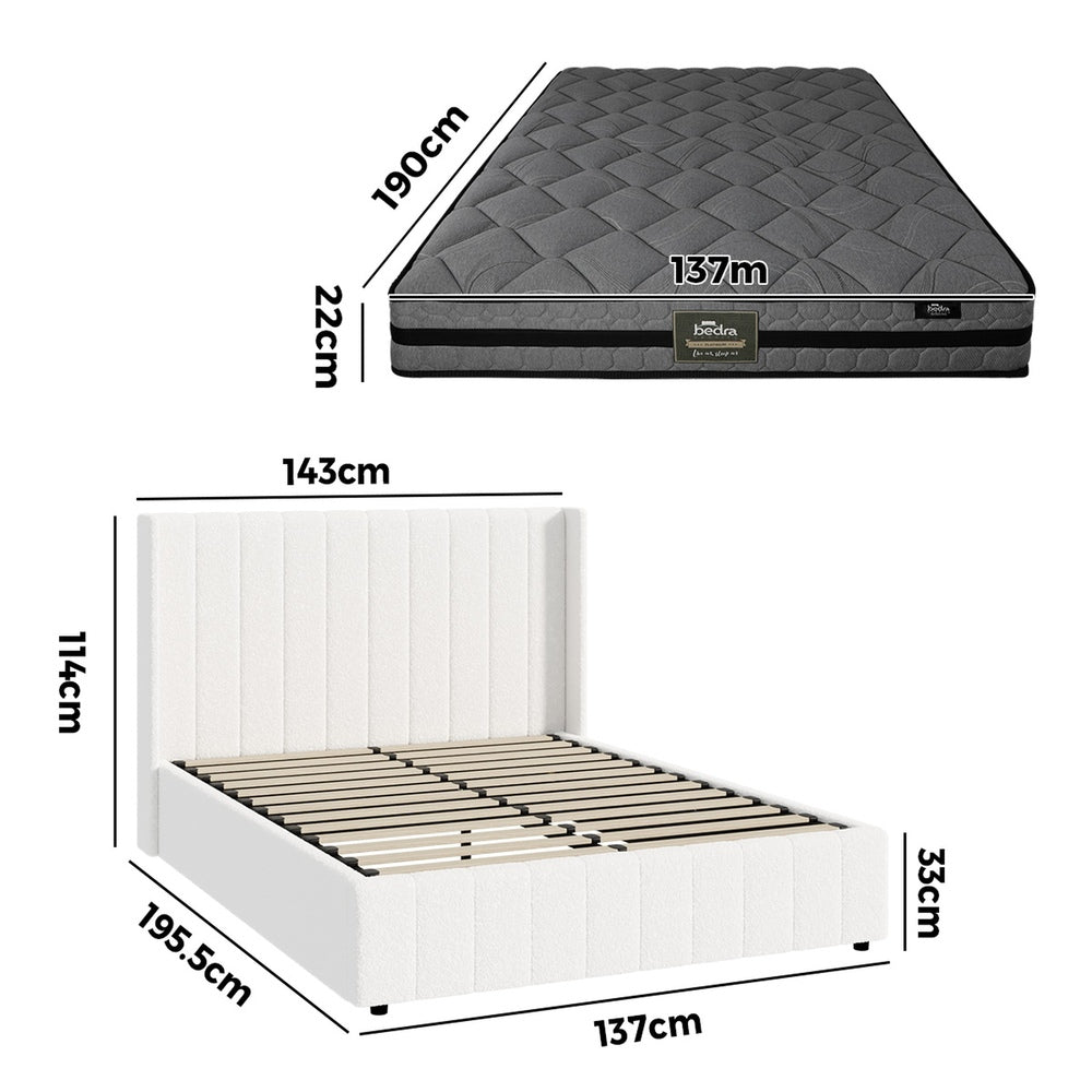 Bed Frame With Mattress Set And Gas Lift Boucle Fabric Finish
