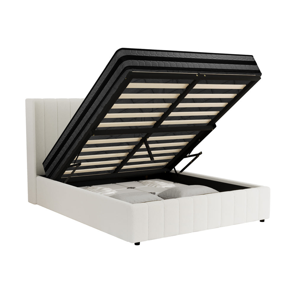 Bed Frame With Mattress Set And Gas Lift Boucle Fabric Finish