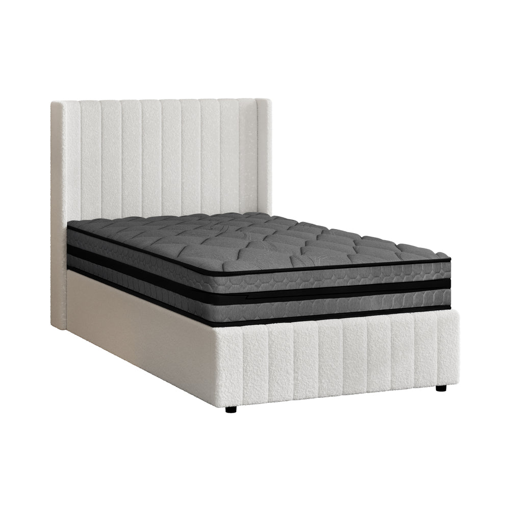 Bed Frame With Mattress Set And Gas Lift Boucle Upholstery King Single
