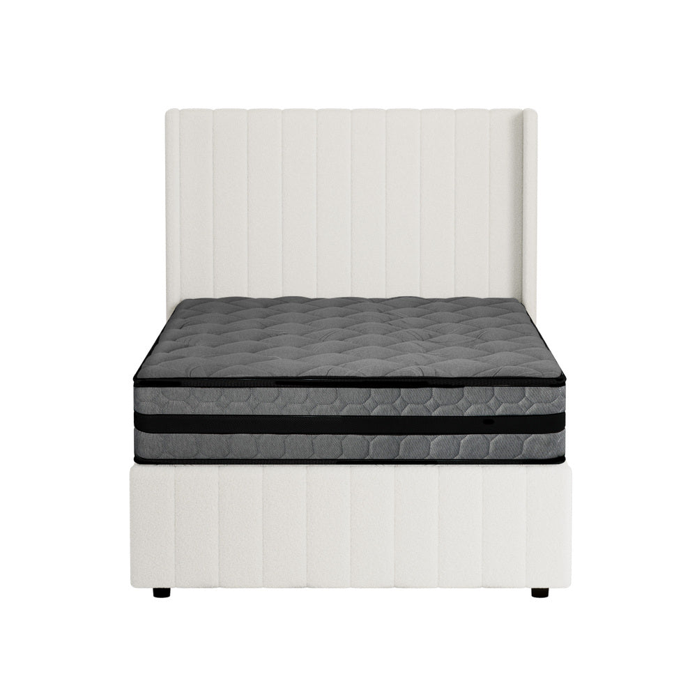Bed Frame With Mattress Set And Gas Lift Boucle Upholstery King Single