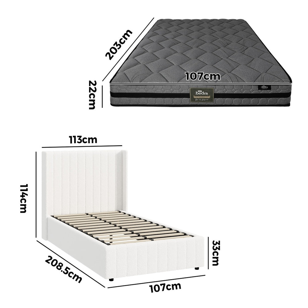 Bed Frame With Mattress Set And Gas Lift Boucle Upholstery King Single