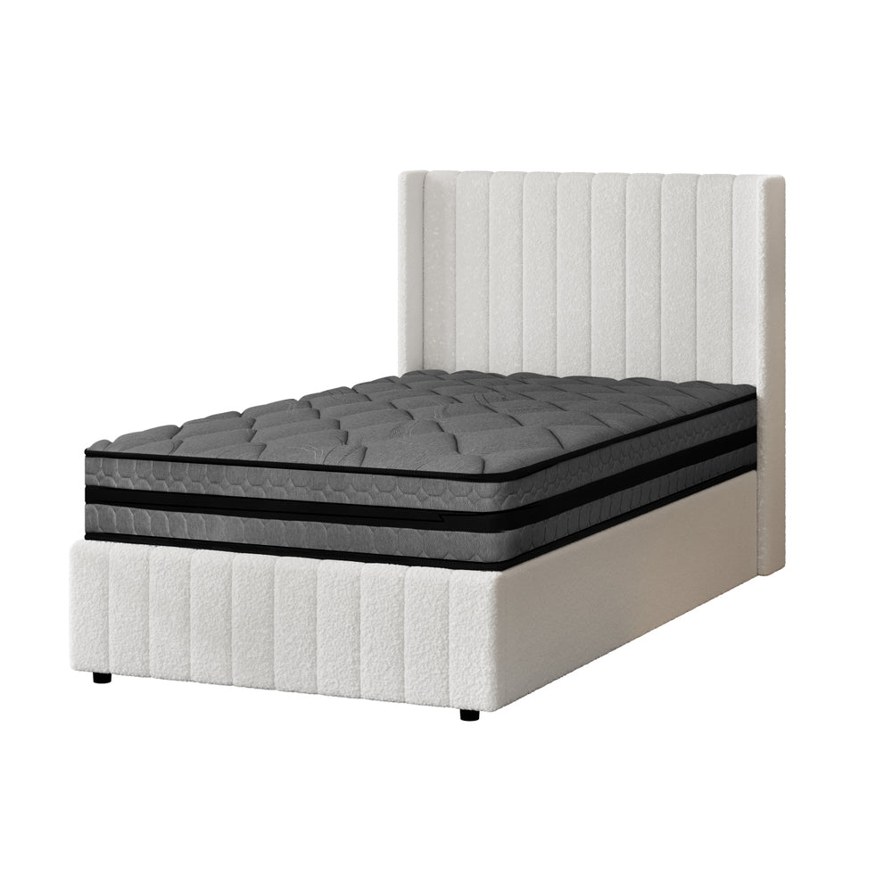 Bed Frame With Mattress Set And Gas Lift Boucle Upholstery King Single