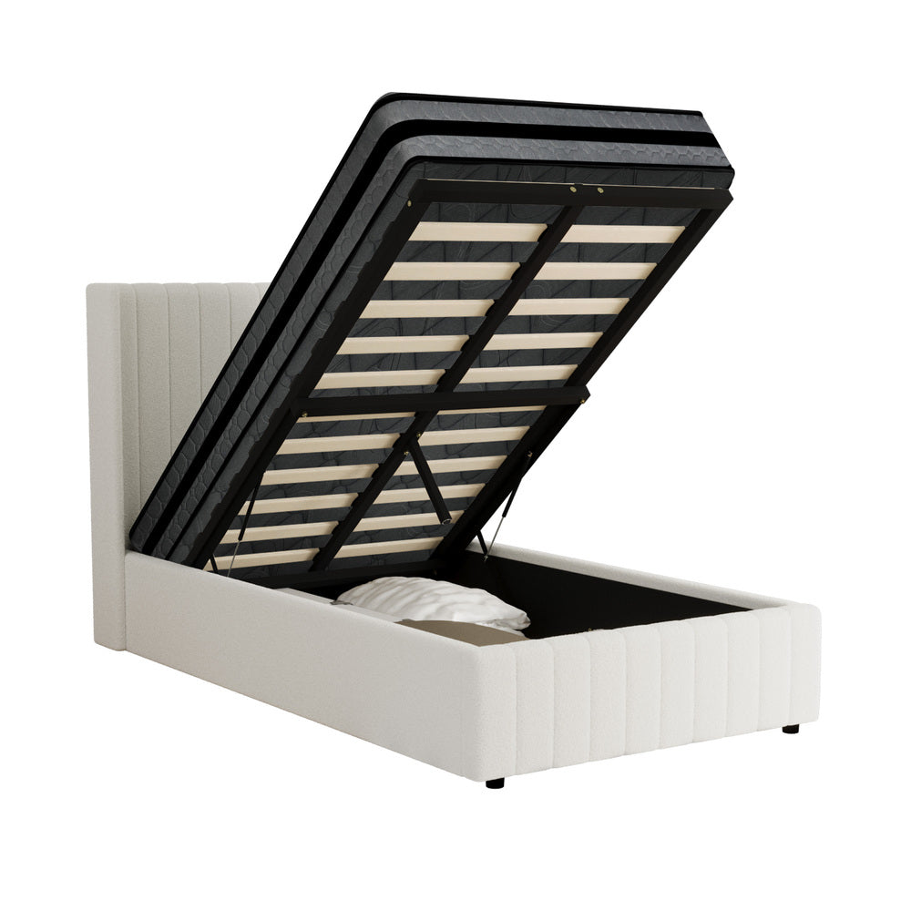Bed Frame With Mattress Set And Gas Lift Boucle Upholstery King Single