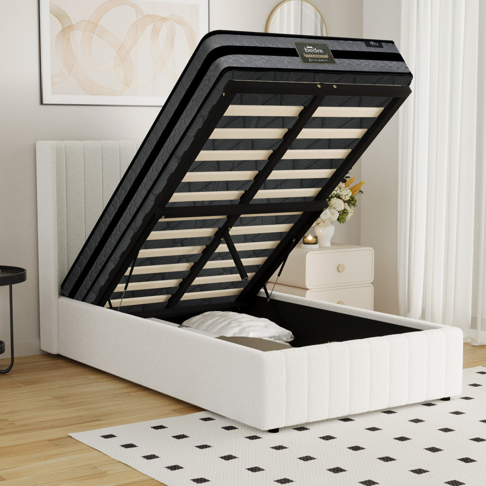 Bed Frame With Mattress Set And Gas Lift Boucle Upholstery King Single
