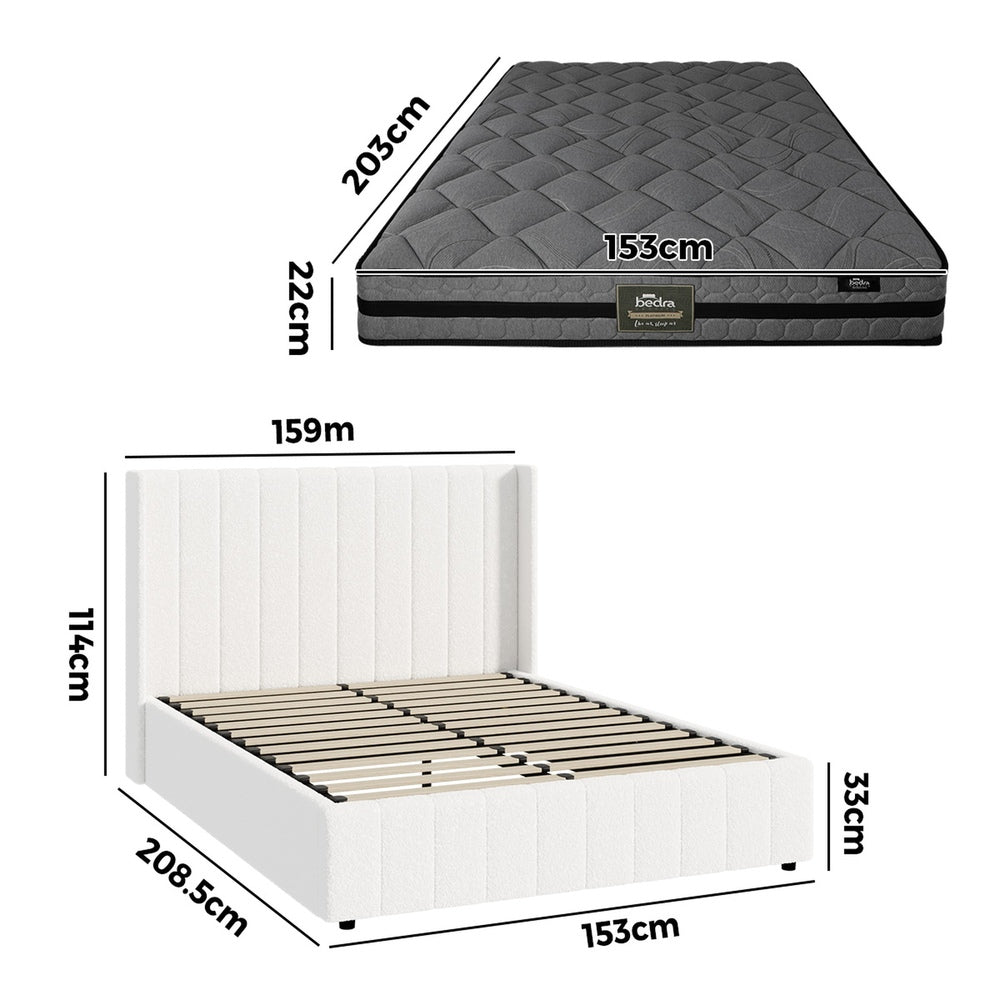 Bed Frame With Mattress Set And Gas Lift Boucle Fabric Finish