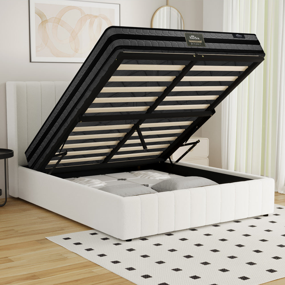 Bed Frame With Mattress Set And Gas Lift Boucle Fabric Finish