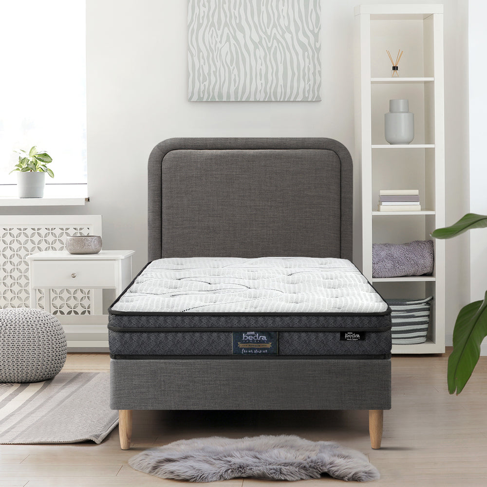 Bed Frame With Bonnell Spring Mattress And Grey Upholstered Base Single