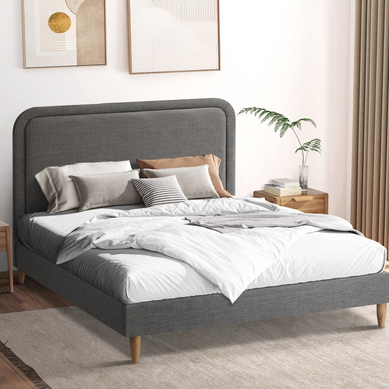 Grey Fabric Upholstery Bed Frame Sturdy Support