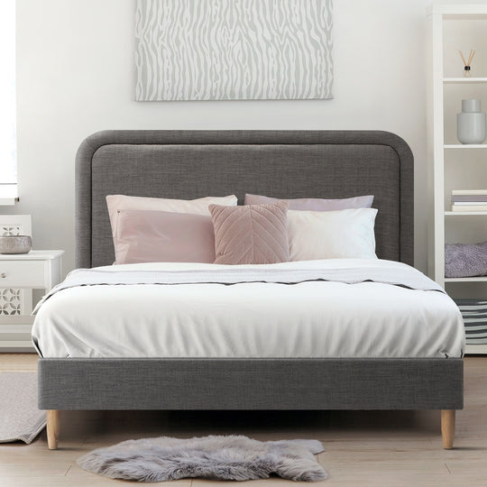 Grey Fabric Upholstery Bed Frame Sturdy Support, Fabric finish